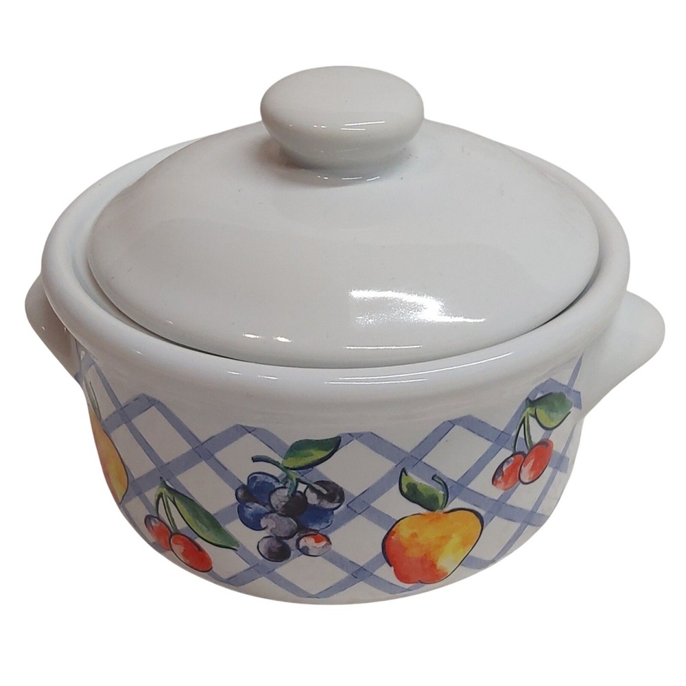 Ceramic Dish w/Lid Fruit Pattern/blue lattice cottagecore farmhouse Crack on lid